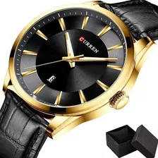 Relógio Pulseira De Couro Social Masculino Casual Esportivo Cor Da Correia Preto/gold Cor Do Bisel Dourado/preto