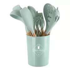 Kit Utensilios De Cozinha 12 Peças Silicone Cabo De Madeira Cor Verde-claro