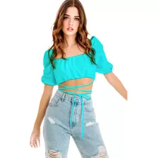 Blusa Crop Top Manga Corta Y Lazo Cintura Para Dama De Moda