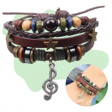 Pulsera Dije Nota Musical Cuero Madera Retro Full