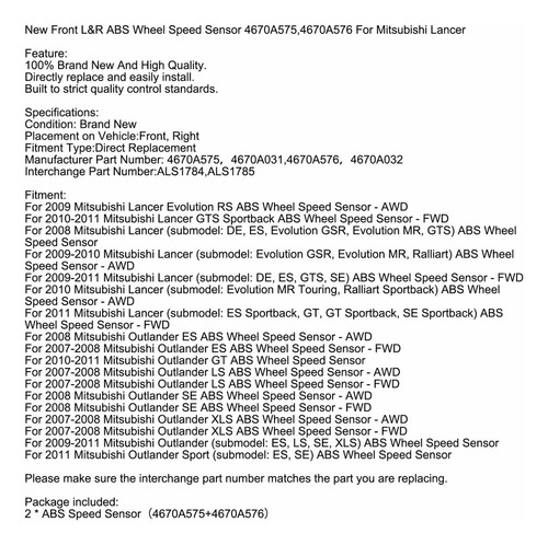 2 Sensor Abs Delantero Para Mitsubishi Lancer Outlander Gt Foto 8