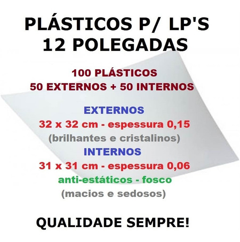 100 Plásticos P/ Lp Vinil - 50 Externos 0,15 + 50 Internos