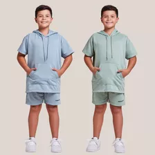 Kit 2 Conjuntos Infantis Camisa Com Capuz E Bermuda Moletom 