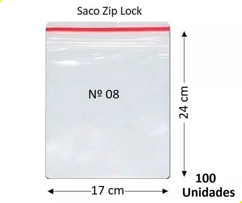 Saco Plástico Zip Lock Hermético Nº 08 - 17x24 C/ 100 Unids