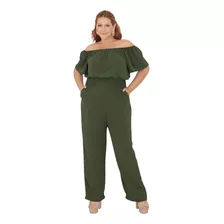 Macacão Feminino Moda Plus Size Elastex Pantalona Com Bolsos