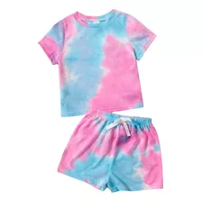 Conjunto Short Y Playera Niña Azul Rosa