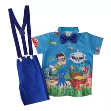 Conjunto Infantil Camisa Bermuda Suspensório Fundo Do Mar