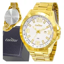 Relógio Masculino Condor Grande Analógico Pulseira E Bisel Dourado Fundo Branco