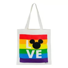 Bolsa Sacola Disney Mickey Love Arco-íris Original 33x40 Cm Cor Branco Cor Da Correia De Ombro Branco Desenho Do Tecido Listrado