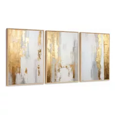 Kit 3 Quadros Decorativos Abstrato Dourado Tons Claros Sala