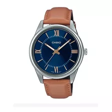 Reloj Casio Modelo Mtp-v005 Piel Camel Cara Azul