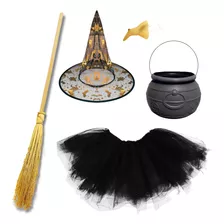 Kit Fantasia Bruxa Vassoura Chapéu Festa Halloween