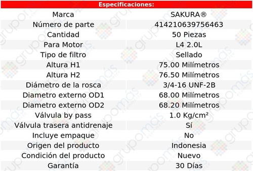 Caja De 50 Filtros Para Aceite Sakura Nx L4 2.0l Nissan 93 Foto 2