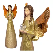 Anjo Dourado De Resina Com Detalhe Pombo 20cm