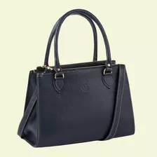 Bolsa Feminina Tote Estruturada De Couro Legítimo Laranja Cor Azul-marinho