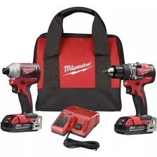 Kit Taladro Percutor Y Atornillador De Impacto Milwaukee 18v Color Rojo Incluye 2 Baterías + Bolso