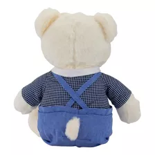 Urso Branco Jardineira Azul Quadriculada Em Pelúcia 30 Cm