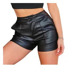 Short Preto Couro Fake Feminino Bermuda Casual Cintura Alta 