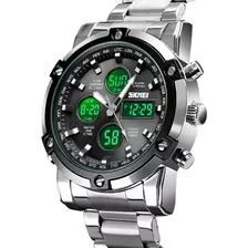 Reloj Pulsera Skmei 1389 De Cuerpo Color Plateado, Analógico-digital, Para Hombre, Fondo Negro, Con Correa De Acero Inoxidable Color Plateado, Agujas Color Blanco Y Gris, Dial Negro, Blanco Y Gris, Su