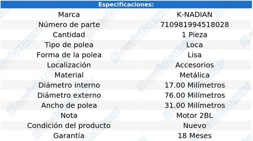 Polea Lisa Metalica K-nadian Fiat X1/9 L4 1.3l 77 Foto 3