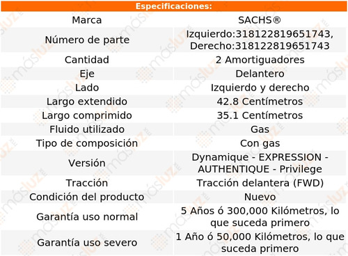 2- Amortiguadores Gas Delanteros Fluence L4 2.0l 11/17 Sachs Foto 2