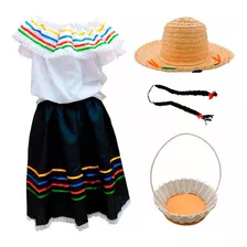 Traje Típico Niña Disfraz Feria Flores X5 Piezas Fiesta Antioqueñidad Disfraz De Campesina Blusa Falda Trenzas Sombrero 