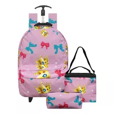 Mochila Escolar Rodinha Lacinho Lancheira Estojo Menina Cor Lilás Desenho Do Tecido Laço