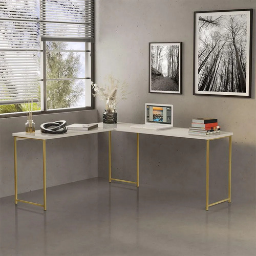 Mesa Em L Office Estilo Industrial Klm Móveis Dourado/off White