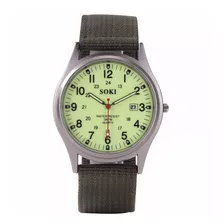 Reloj Militar Acero Cuarzo Marca Soki Verde Luminoso