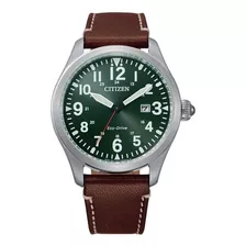 Reloj Citizen Hombre Cuero Eco Drive Bm683825x Color De La Malla Marrón Oscuro Color Del Bisel Plateado Color Del Fondo Verde Oscuro