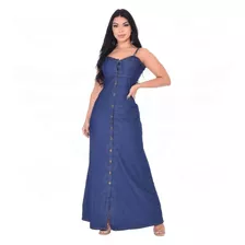 Vestido Longo Jeans Alcinha Regata E Botões Moda Plus Size