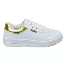 Tênis Feminino Metalizado Sneaker Branco Ouro