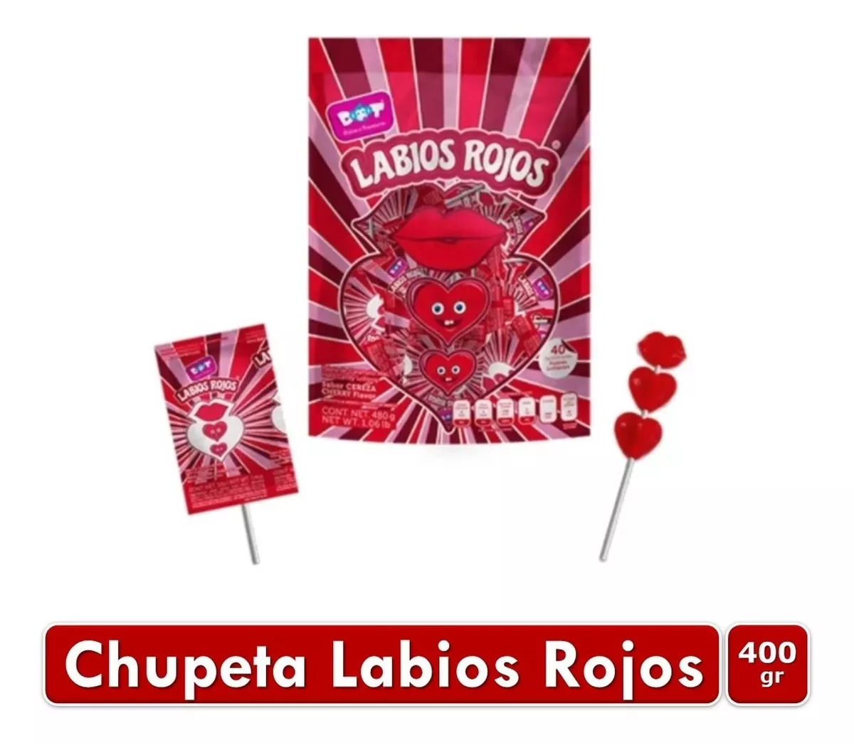 Chupetas Labios Rojos Doble Corazon X40 Unid