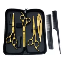 Kit 3 Tesoura Cabeleireiro Profi 6.0 Dourado Aço Inoxidável