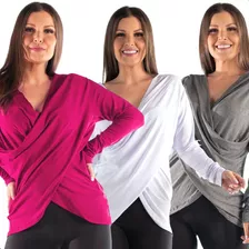 Kit 3 Blusa Feminina Transpassada Cruzada Manga Longa Frio