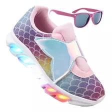 Kit Tenis De Led Feminino Seria Glitter Refletivo + Oculos