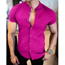 Camisa Social Masculina Gola Padre Linho Premium Moda Luxo