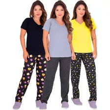 Kit 3 Pijamas Todas Estações Calça E Blusa Manga Curta 