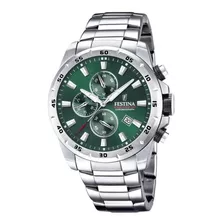 Reloj Pulsera Festina Chrono Sport F20463 De Cuerpo Color Plateado, Analógico, Para Hombre, Fondo Verde, Con Correa De Acero Inoxidable Color Plateado, Agujas Color Plateado, Blanco Y Rojo, Dial Plate