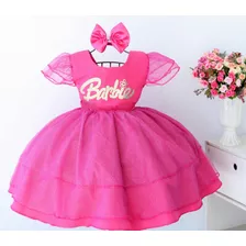 Vestido Infantil Barbie Pink Luxo Com Tiara