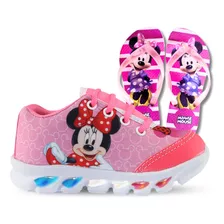 Tenis Feminino Infantil De Led Da Minnie Rosa + Chinelo Novo