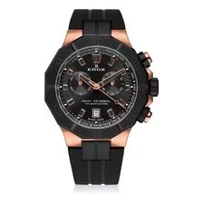 Reloj De Pulsera Edox 10113-37rnca-nir De Cuerpo Color Plateado, Analógico, Para Hombre, Fondo Negro, Con Correa De Caucho Color Negro, Dial Negro, Bisel Color Oro Rosa Y Hebilla Simple