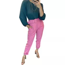 Calça Rosa Social Alfaiataria Com Cinto Encapado Forrado 