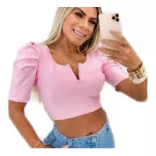 Blusa Cropped Manga Bufante Princesa Decote V Feminino