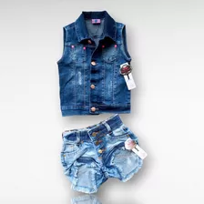 Conjunto Short Jeans Infantil + Colete Jeans Menina 