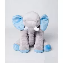 Almofada Elefante Pelúcia 60cm Macia Bebê Cinza Com Azul