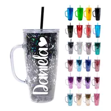 Vaso Glitter Personalizado Con Asa Y Popote