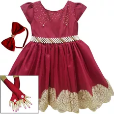 Vestido Infantil Festa Princesa Realeza Marsala E Luvas