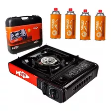 Anafe Portatil Camping Gas Butano + 4 Garrafa + Estuche