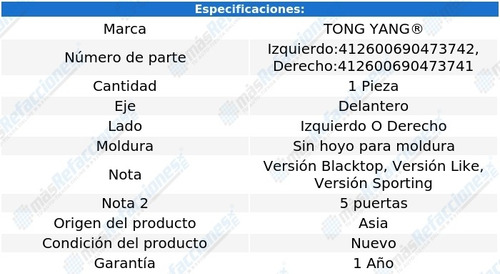 1 Salpicadera Delantera S/hoyo P/mold Tong Yang Uno 15_20 Foto 2